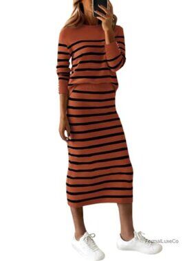 Striped Knit Two Piece Skirt Set Long Sleeve Pullover Top Midi Skirt Casual